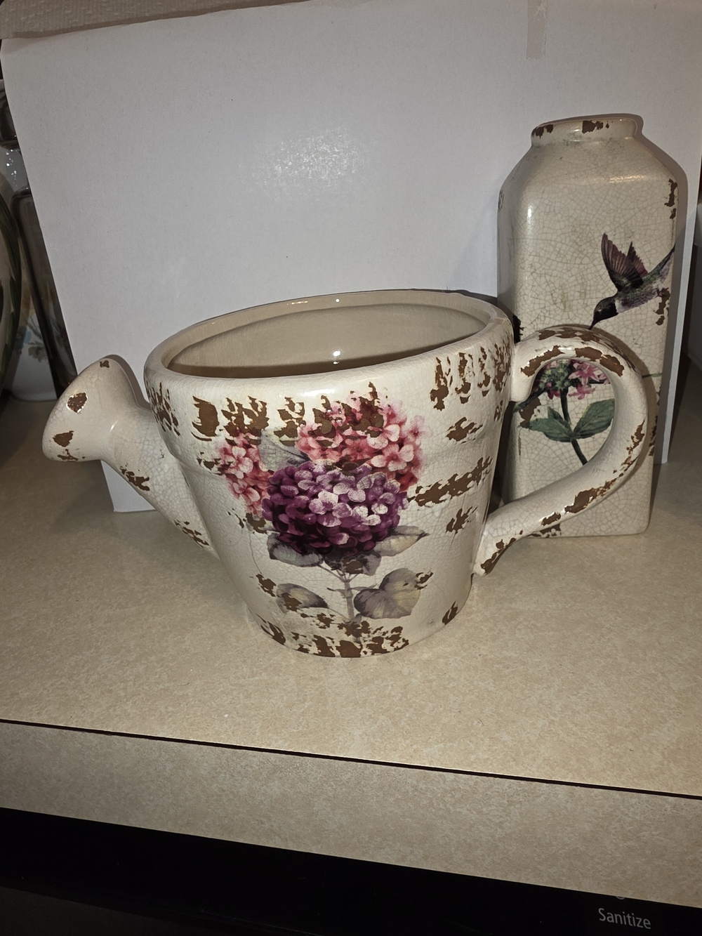 Cream Ceramic Watering Can Planter wit Vase